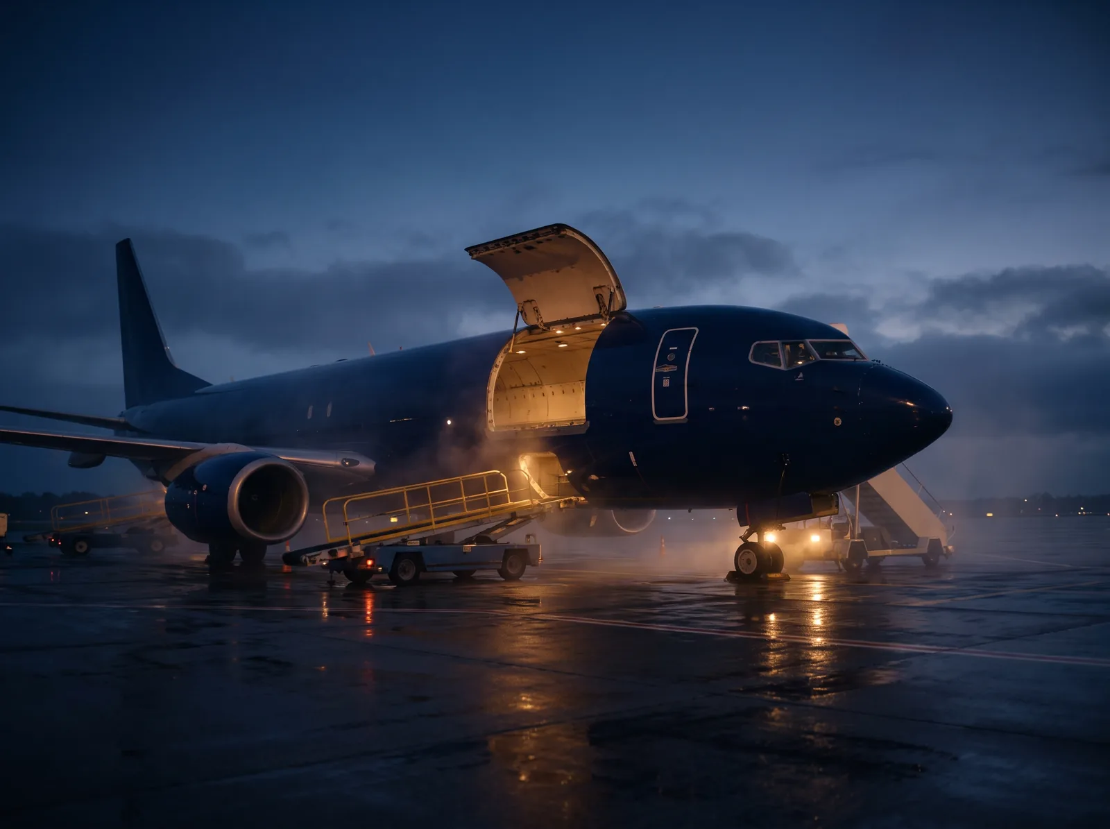 A converted narrow-body freighter with its main-deck cargo door open on a wet ramp at night