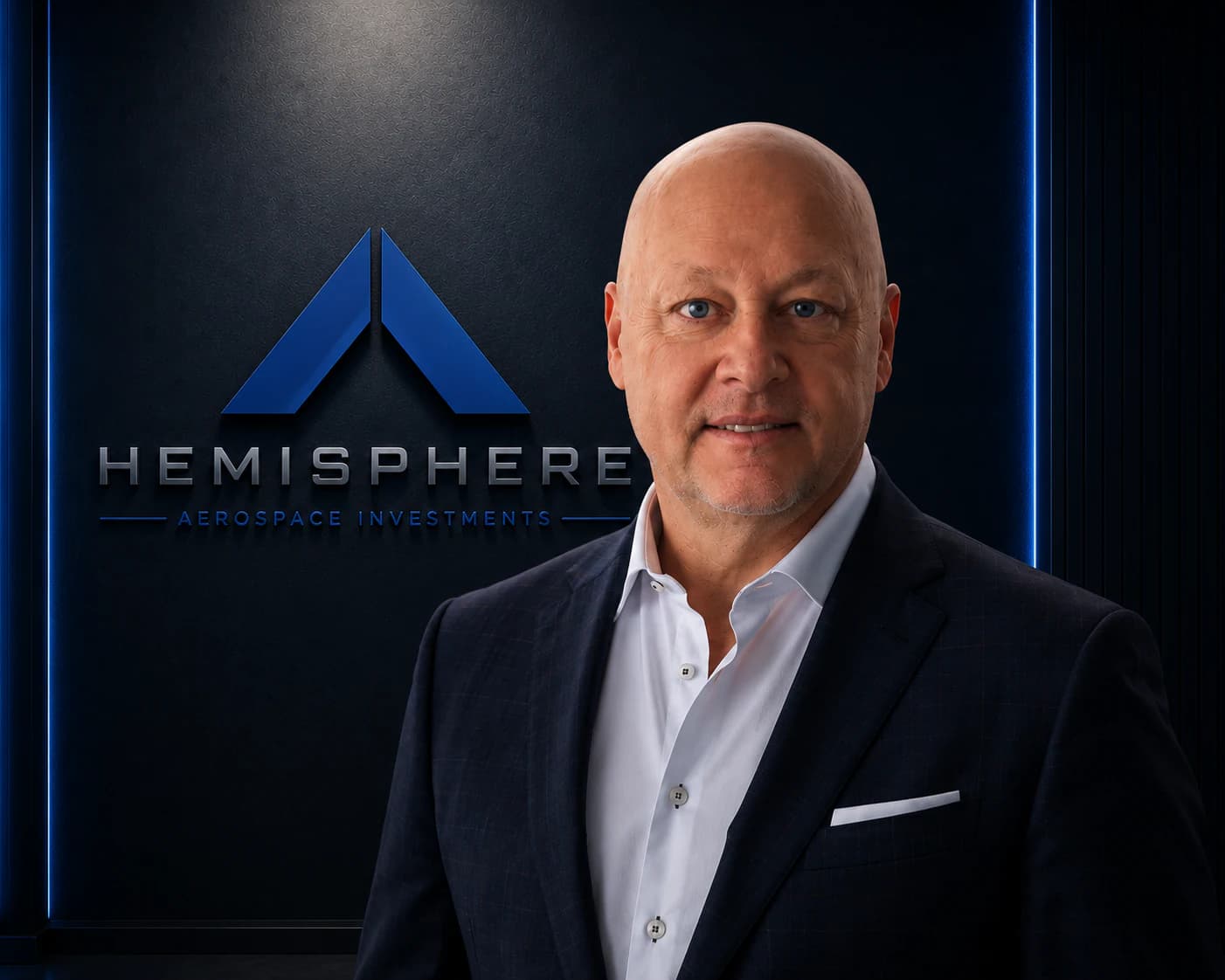 John B. Sawyer in a dark suit, photographed beside the illuminated Hemisphere Aerospace Investments logo wall