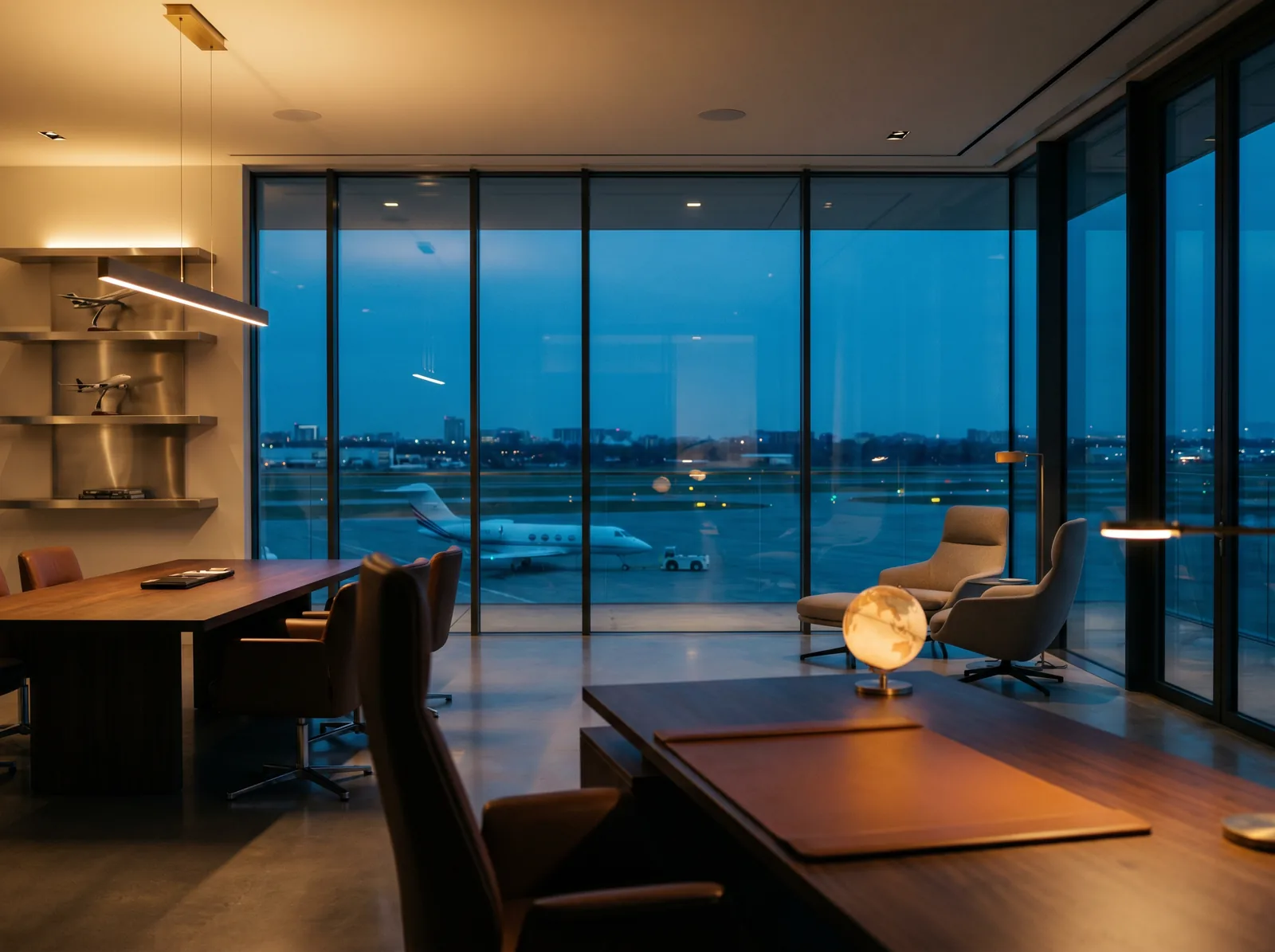A modern aerospace-investment office at dusk overlooking an airfield with a parked jet